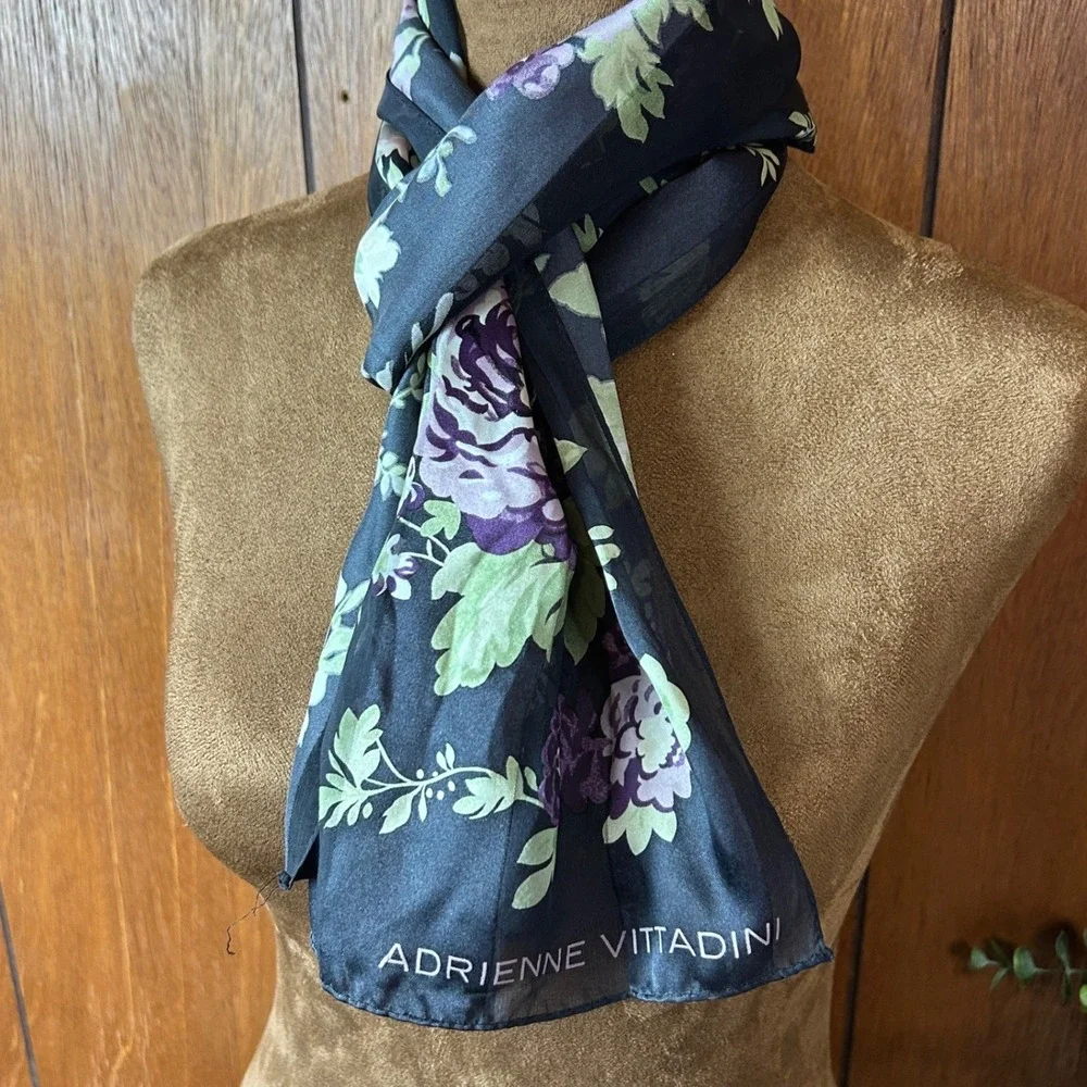 Adrienne Vittadini 100% Silk Black Floral Print Sheer Scarf Shawl Accessory